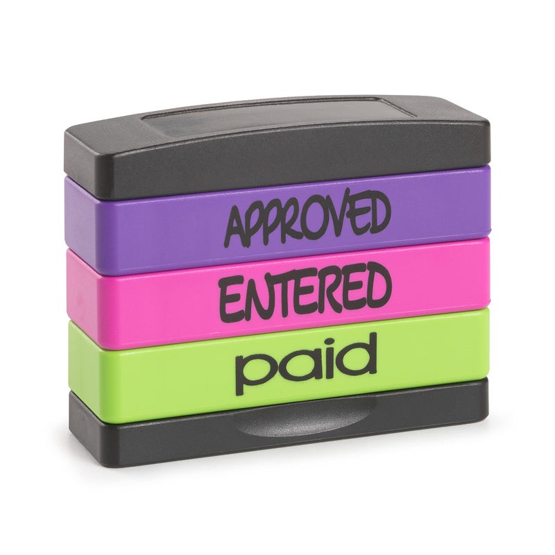 Stamp-Ever Stakz Pre-Inked Message Stamp - Approved, Entered, Paid - Purple, Pink, Green Ink - Impression Size: 5/8    x 1-13/16 - Image 1